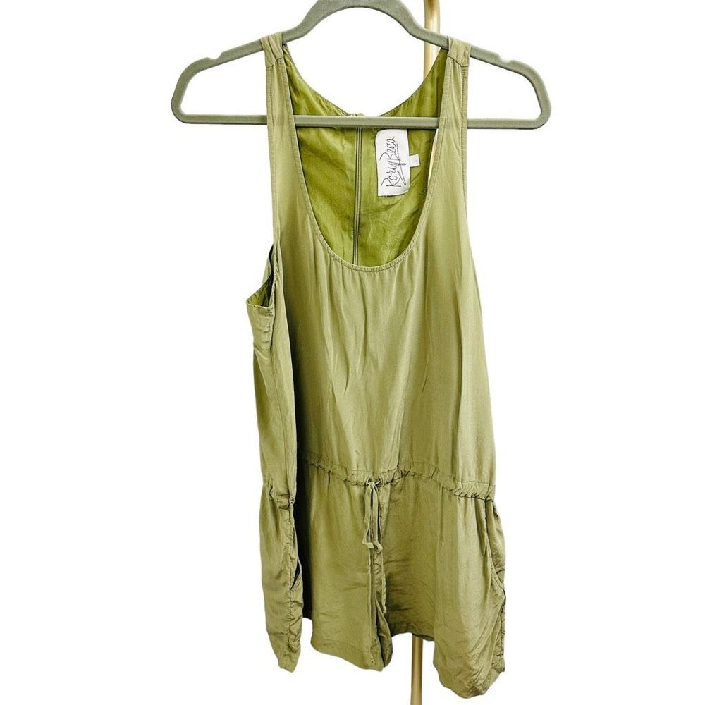 Rory Beca Womens Silk Sleeveless Ruched Waist Round Neck Romper Green Size Large